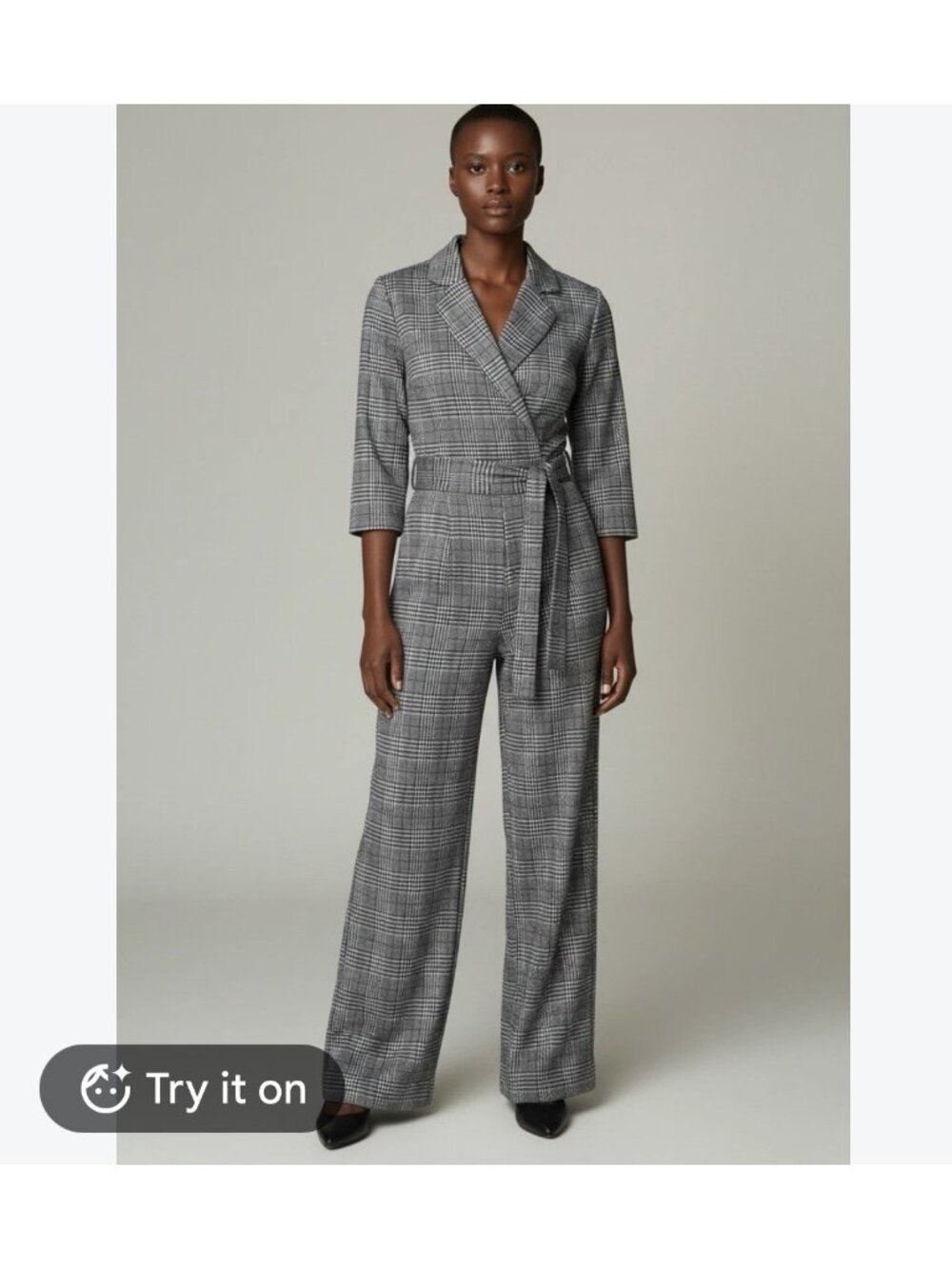 Haute Monde wide leg Plaid Belted Jumpsuit Black/White Collared Long Sleeve S